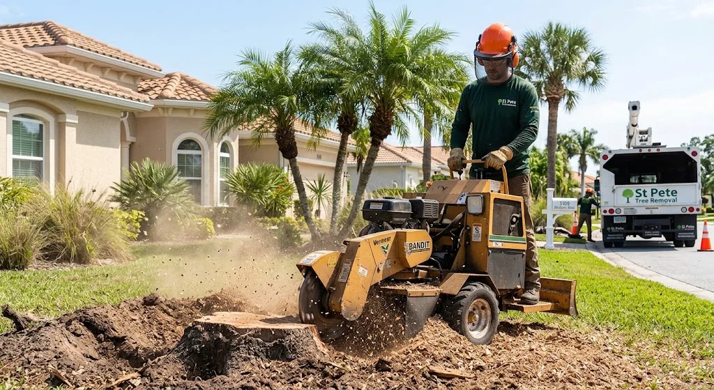 Ground crew lead operating a stump grinder
