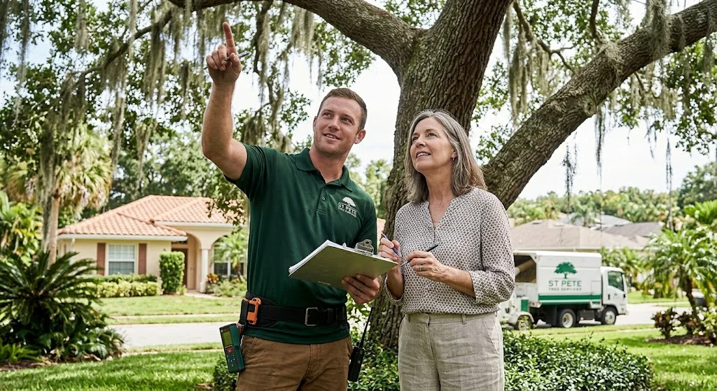 Arborist with a homeowner assessing a large oak tree in St. Petersburg